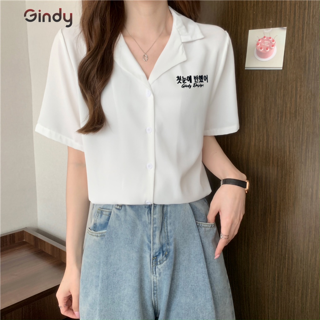 Áo sơ mi nữ tay ngắn Hàn Quốc GINDY cổ vest thêu chữ thời trang công sở, học sinh, sinh viên A029