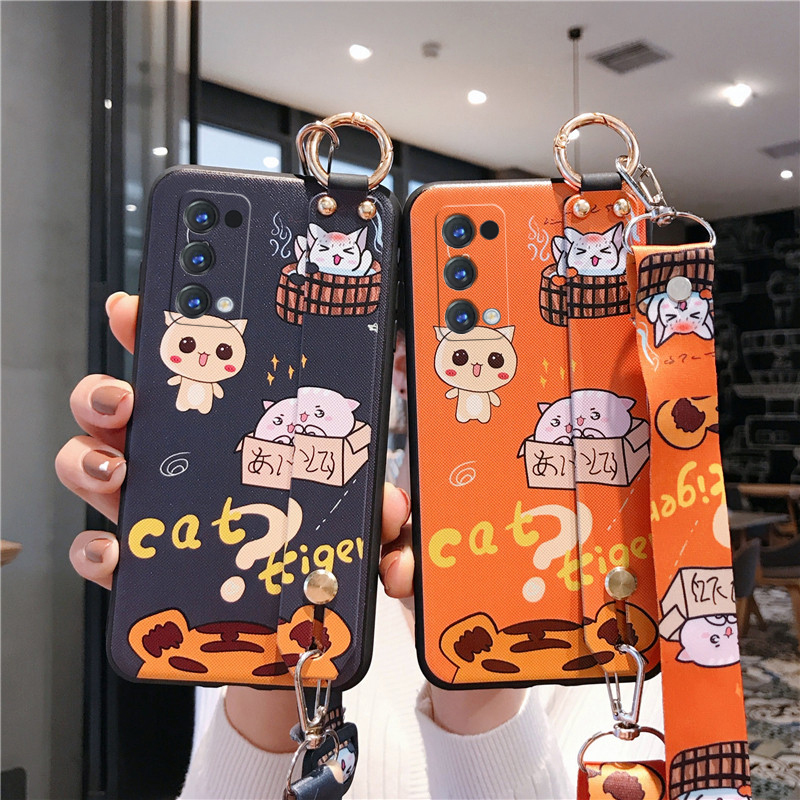 Ốp điện thoại hoạt hình mềm có giá đỡ và dây đeo xinh xắn cho Oppo Reno 5