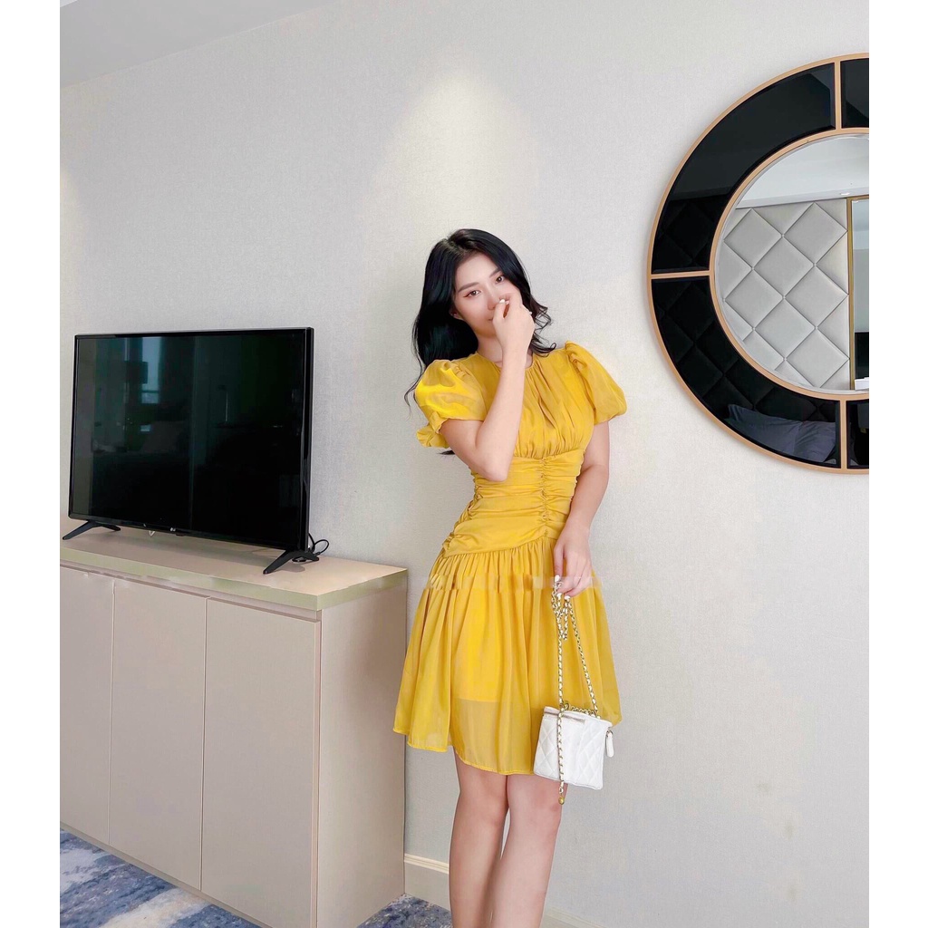 Váy nữ thiết kế dự tiệc, Đầm nhún bèo ly che bụng trẻ trung , dễ thương