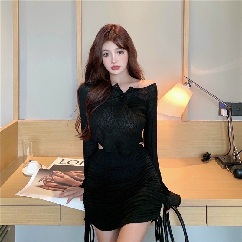 Set bộ chân váy rút dây 2 bên kèm áo tay dài vạt bầu ôm body chất thun borip cao cấp - T5N