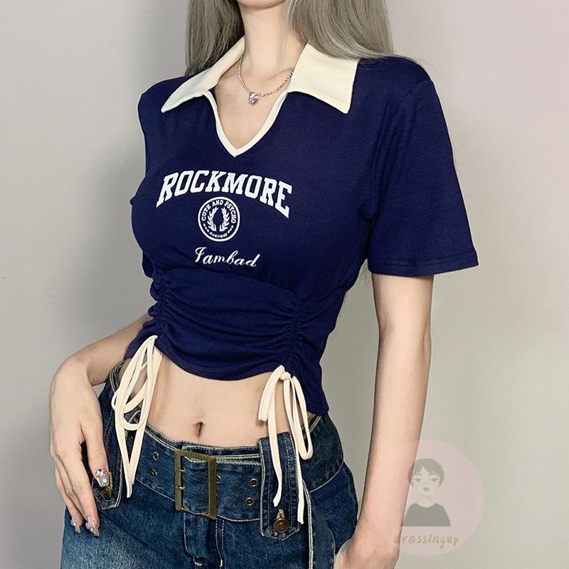 Áo Thun Nữ Ngắn Tay Cổ Chữ V Dây Rút Thời Trang