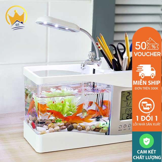 Bể cá mini để bàn, bể cá thủy sinh mini có đèn bàn, sỏi trang trí, ngăn để đồ gọn gàng
