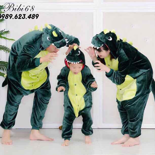 Bộ Đồ thú khủng long xanh liền thân lông mịn Pijama dành Cho Người Lớn và Trẻ Em kiểu dáng Động Vật Hoạt Hình Cosplay