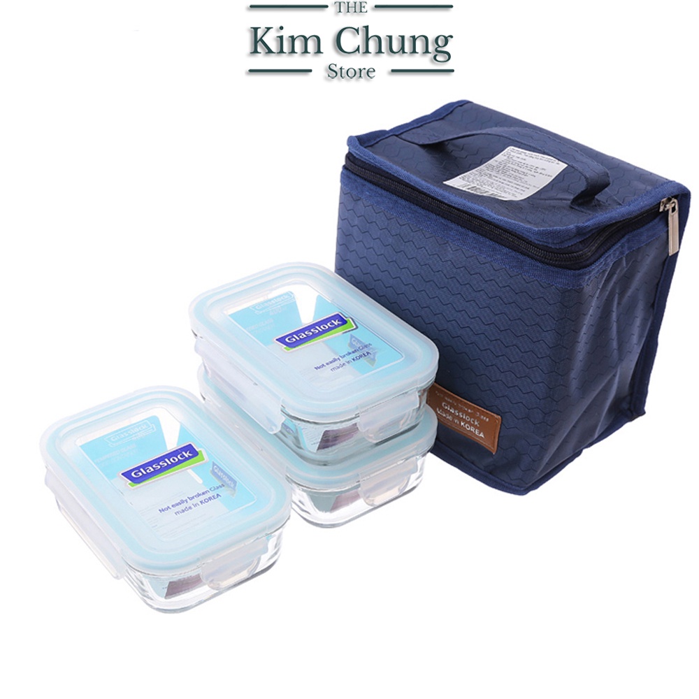 Bộ hộp cơm thủy tinh Glasslock 400ml *3 kèm túi giữ nhiệt Hàn Quốc - Hàng chính hãng