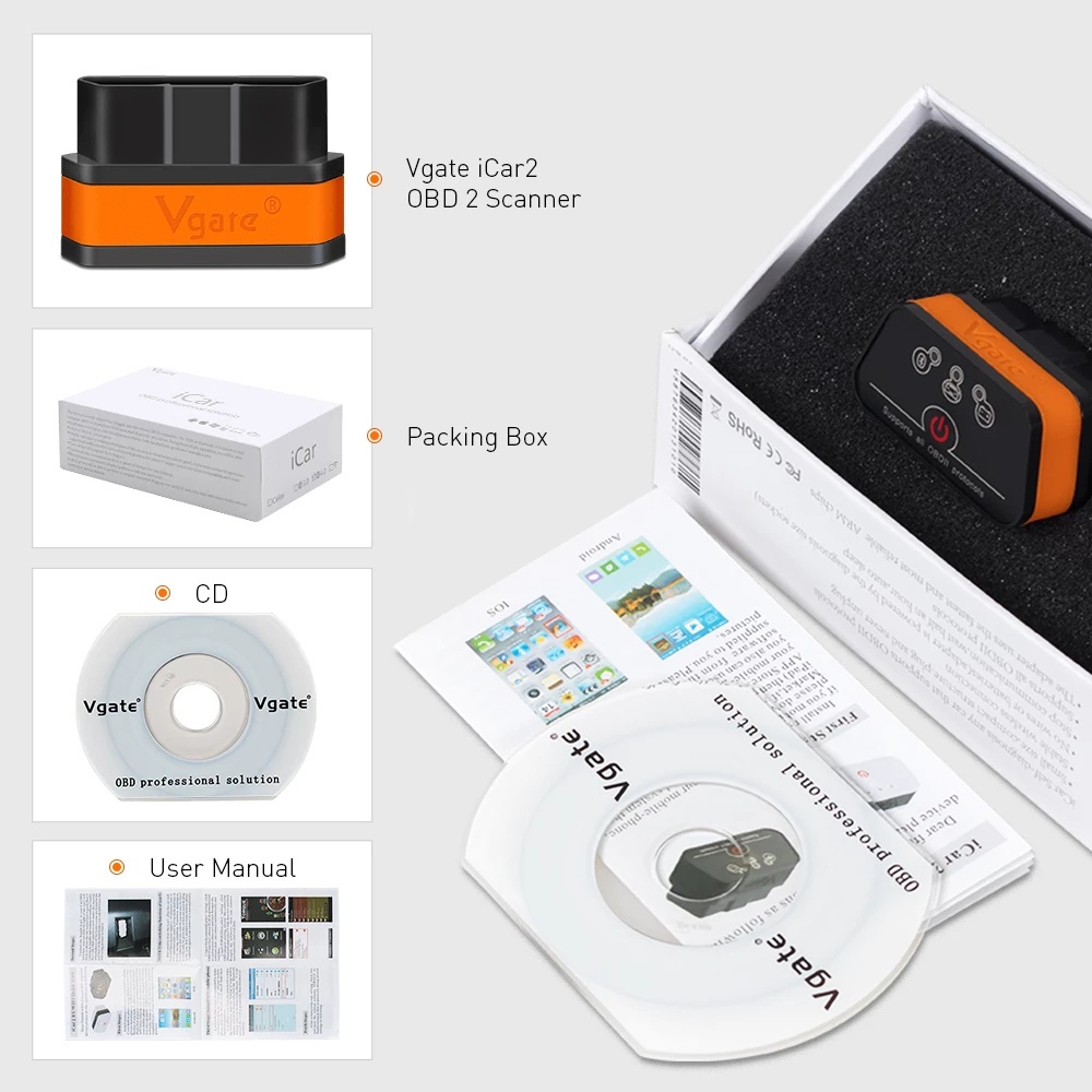 Máy Quét Chẩn Đoán Lỗi Động Cơ Vgate ICar2 ELM327 OBD2 Elm 327 V2.1 Kết Nối Bluetooth Android/PC/IOS OBD2