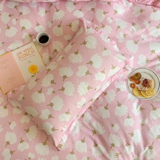 Bộ chăn ga cotton poly nhập (mẫu hoa trắng ga kẻ Hồng )