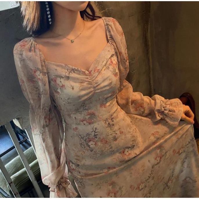 (HÀNG SẴN) Váy voan hoa hồng ngọt ngào cổ vuông dài tay xòe công chúa style kiểu Pháp lãng mạn (HÀNG MỚI 2020)  ྆