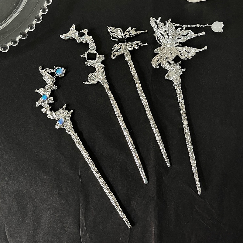 Kẹp Tóc Kim Loại Đính Đá Mặt Trăng Hình Bướm Phong Cách Trung Hoa