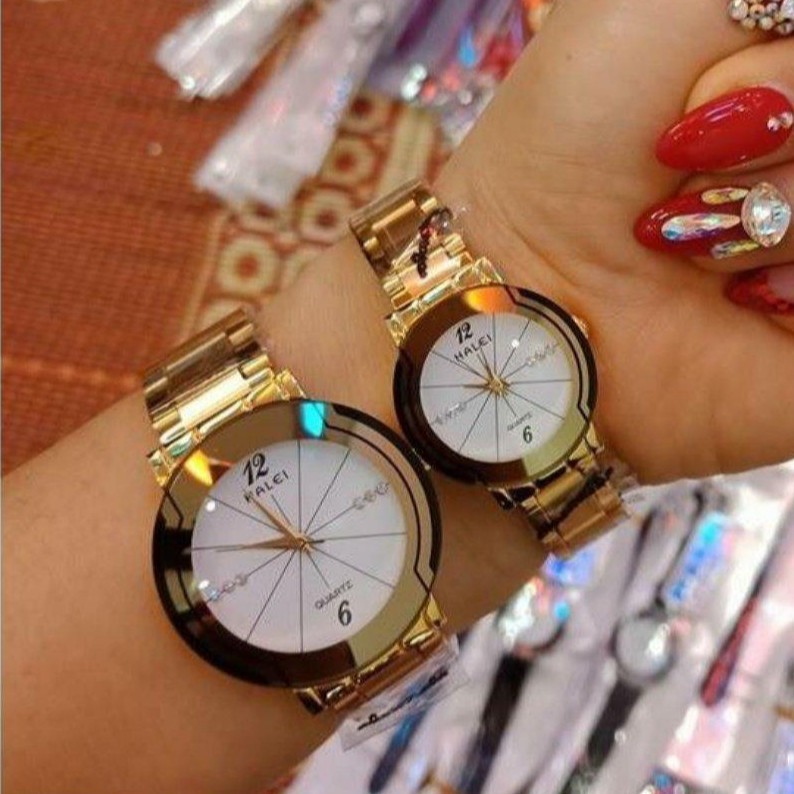 Đồng Hồ Đôi HALEI 457 Dây Vàng Mặt Kính Tráng Chống Xước Kiểu Dáng Thanh Lịch | BigBuy360 - bigbuy360.vn