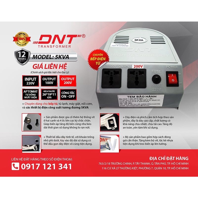 Đổi nguồn bếp từ Nhật 220v ra 200v 110v DNT 5kva treo tường