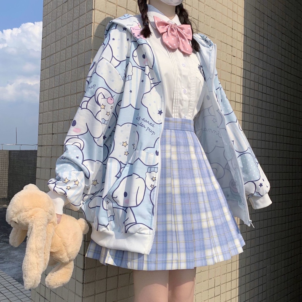 SANRIO Áo Khoác Cardigan Dáng Rộng Có Khóa Kéo In Họa Tiết Hoạt Hình Cinnamoroll Đáng Yêu Cho Nữ Sinh