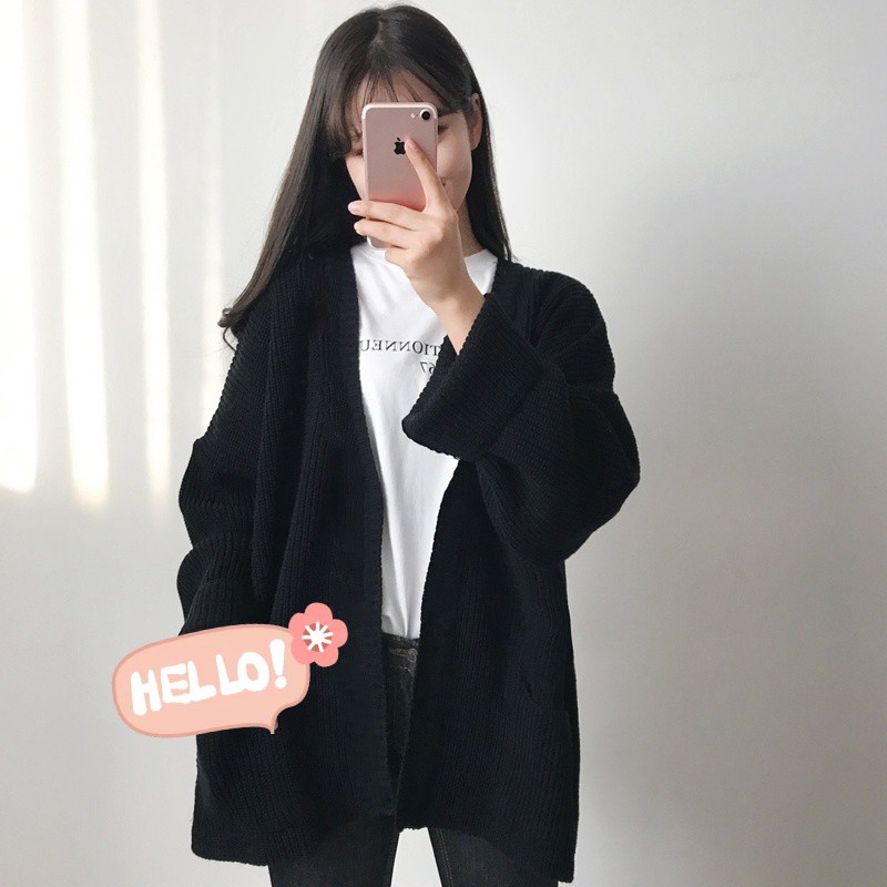 CARDIGAN LEN ĐEN TRƠN PHA NỈ MỀM - ÁO KHOÁC LEN CARDIGAN DÁNG RỘNG MÀU ĐEN HÀN QUỐC NAM NỮ - CADIGAN KHOÁC NỮ | BigBuy360 - bigbuy360.vn