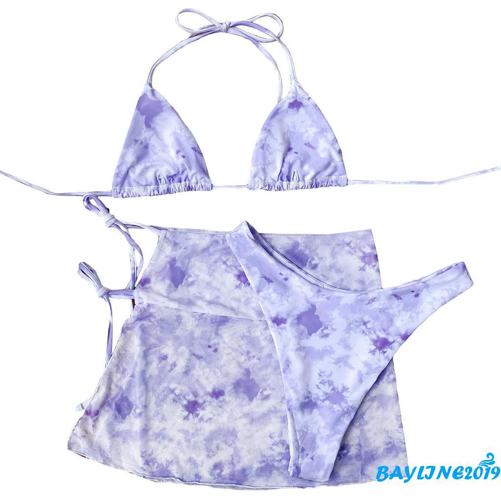 Set bikini 3 mảnh thiết kế kiểu buộc dây họa tiết màu nhuộm thời trang quyến rũ cho nữ