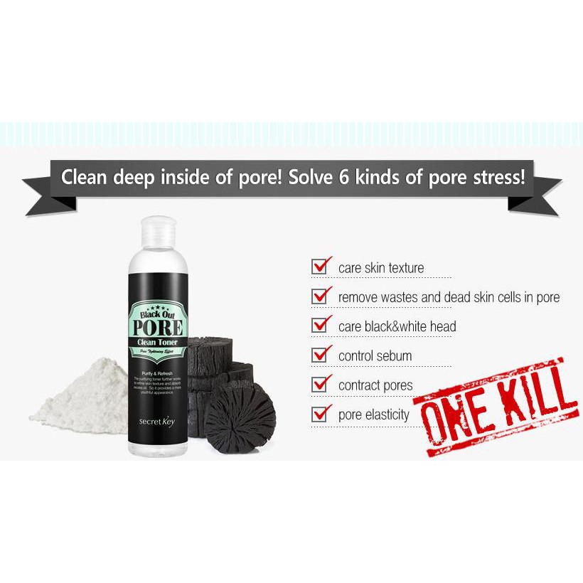 Nước hoa hồng làm sạch da, se khít lỗ chân lông Secret Key Black Out Pore Clean Toner 250ml