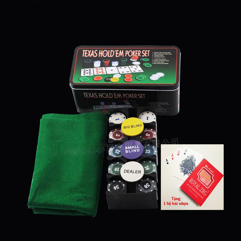 Bộ Phỉnh poker Texas Holdem 200 chip hộp sắt BP1 (Dịp Tết tặng 1 bộ bài nhựa)