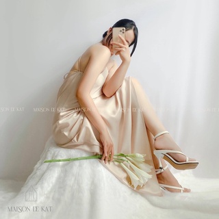 Váy Lụa Cổ Yếm Cột Dây Hở Lưng Form Maxi - Free size - Váy Lụa Thiết Kế Cao Cấp