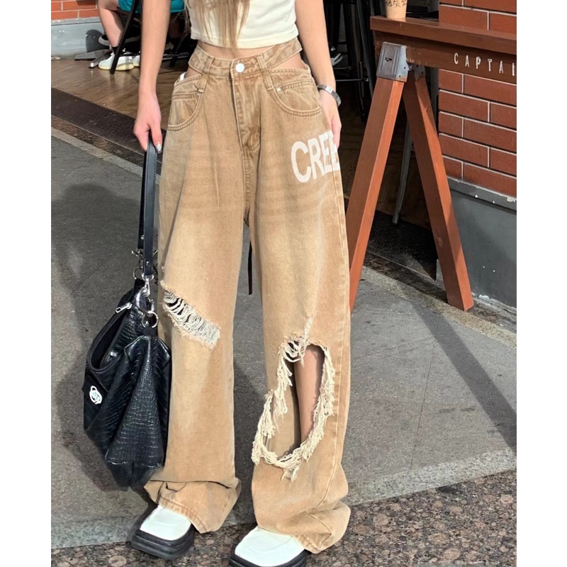 Quần Jeans Nữ Lưng Cao Ống Rộng Rách Gối Thời Trang