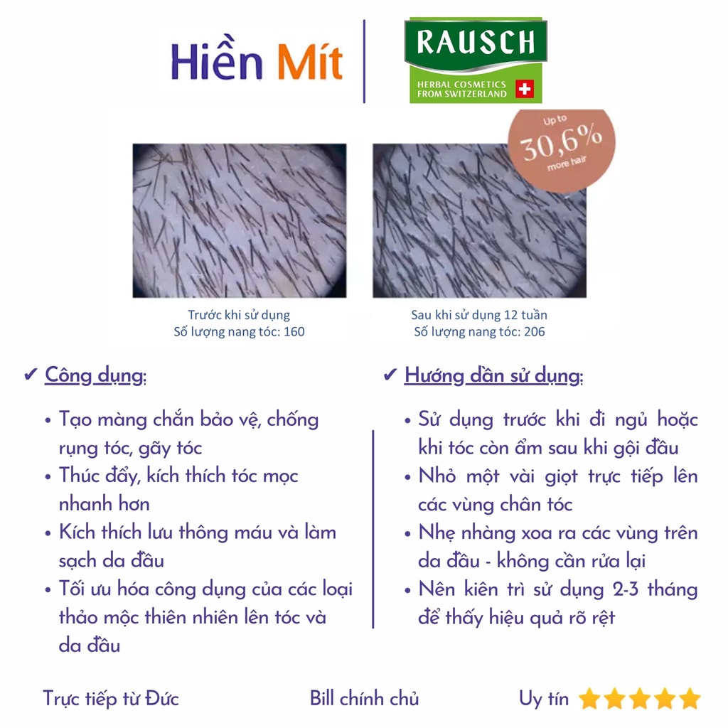 Tinh dầu kích thích mọc tóc ngăn rụng giảm hói số 1 Thuỵ Sỹ Rausch Haar Tinktur Hair Tonic nuôi dưỡng chân nang thảo mộc