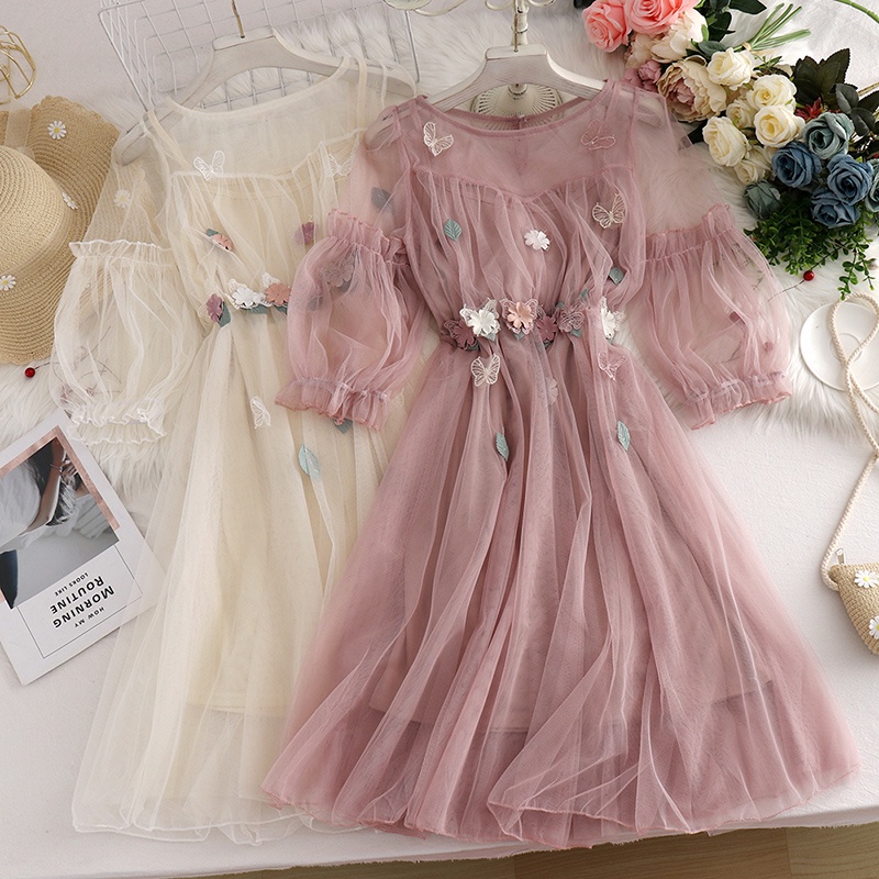 Đầm IELGY màu hồng cổ tích thời trang ngọt ngào eo co giãn