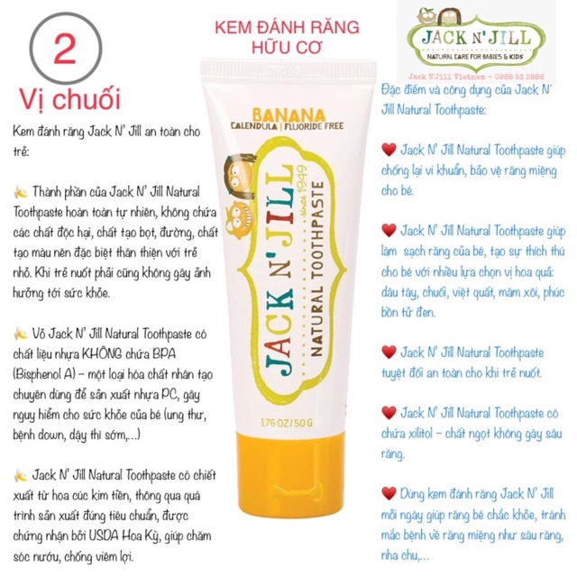 HSD 2023] Kem đánh răng hữu cơ JACK N' JILL cho bé 6m+ 50g (nuốt được)