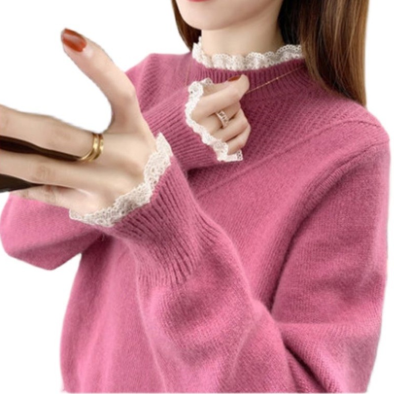 Áo Sweater Tay Dài Cổ Lọ Thời Trang Trẻ Trung 116496 Áo Dệt Kim Dáng Rộng Phối Ren Thời Trang Thu Đông Đơn Giản