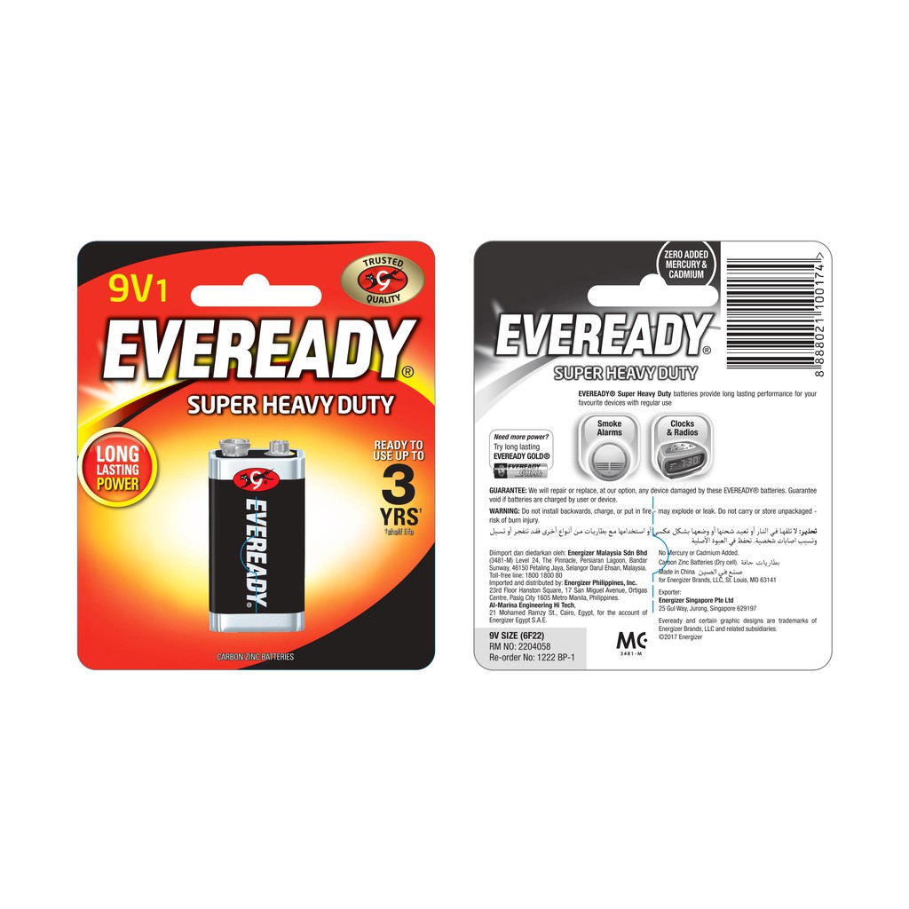 Pin Energizer Eveready Sup Heavy Duty 1222 BP1 9V 100193485