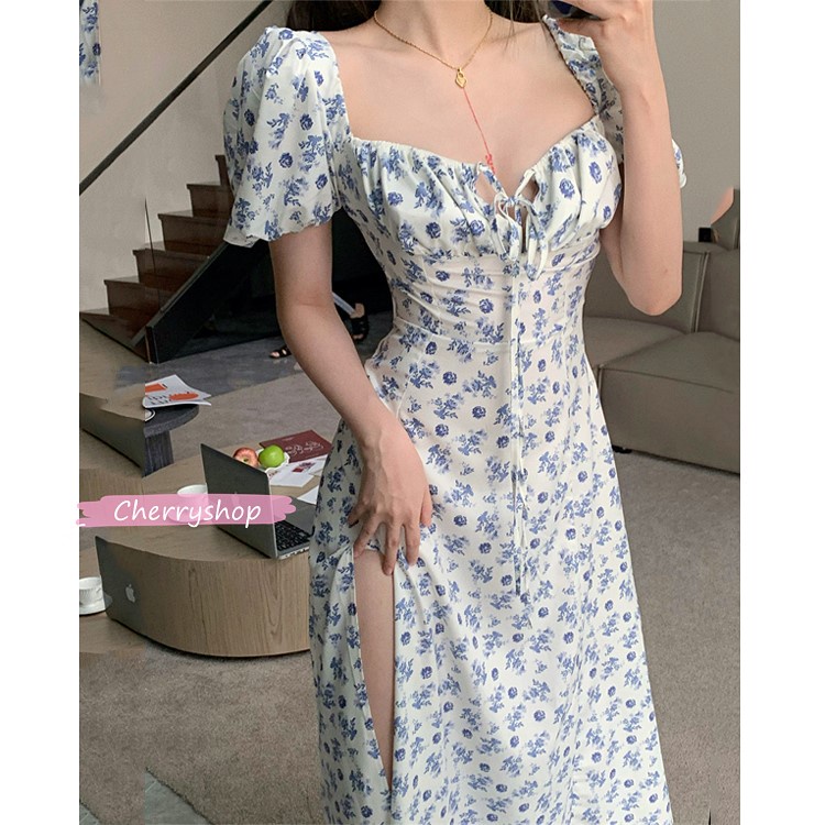 Cherry🌻Đầm🌼 phồng tay áo váy midi hoa thiết kế trễ vai quyến rũ gợi cảm