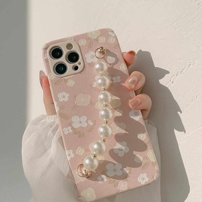 Ốp Điện Thoại Da Họa Tiết Hoa Đính Ngọc Trai Cho iphone 14 13 12mini 11 pro max x xs xr 8 7 plus