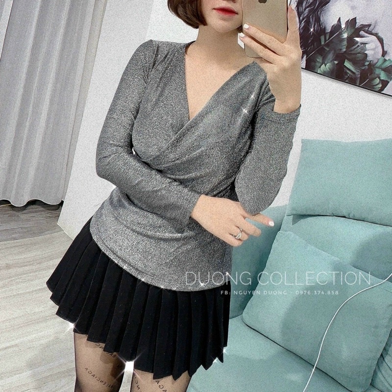 Áo nhũ cổ V nhún eo