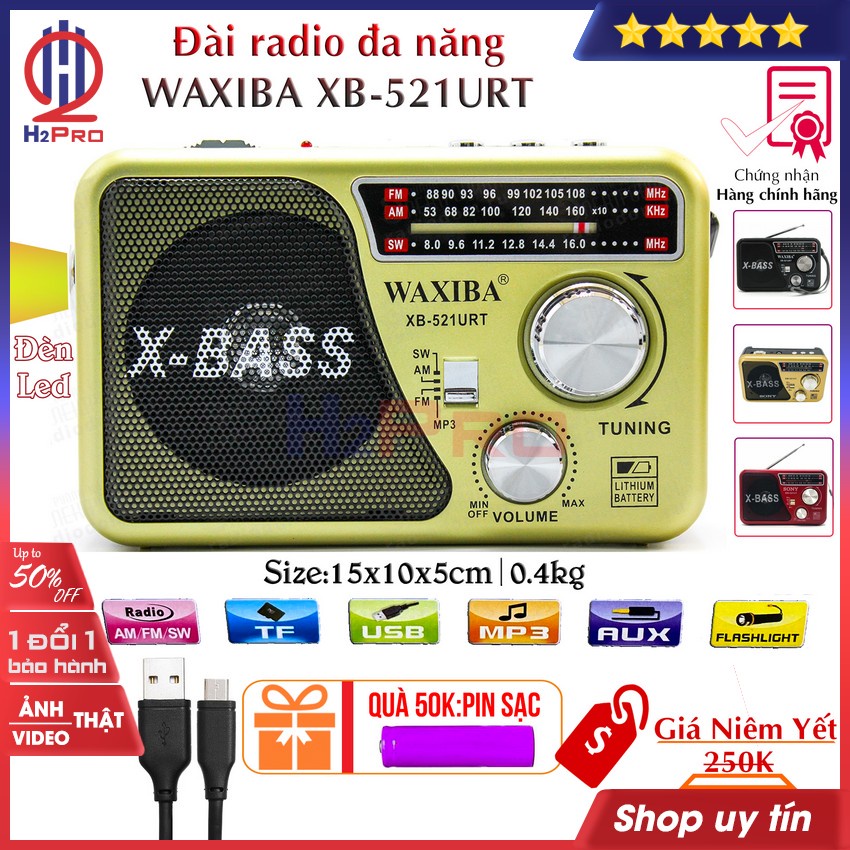 ĐÀI RADIO FM-AM-SW WAXIBA XB-521URT H2Pro nghe nhạc MP3 USB-Thẻ nhớ-AUX, đài radio đa năng pin sạc tích hợp ĐÈN PIN