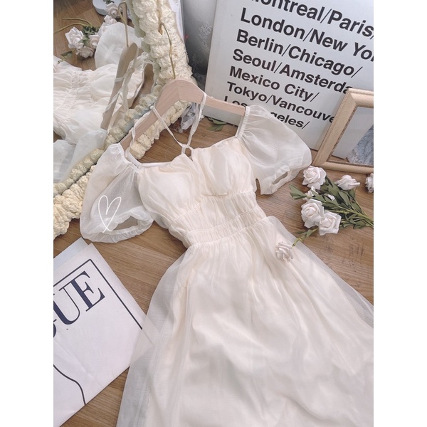 ĐẦM KEM MIDI CHÉO DÂY CỔ TAY BO