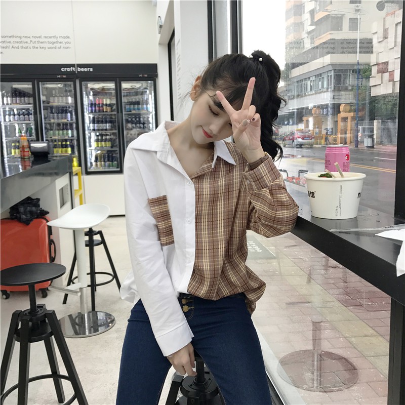 SUXI Áo sơ mi tay dài dáng rộng phong cách Hàn Quốc