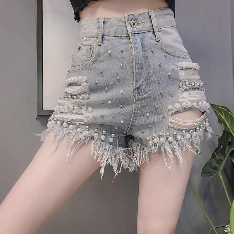 Quần Short Denim Lưng Cao Cỡ Lớn Đính Hạt Ngọc Trai Lỗ Rỗng Cho Nữ