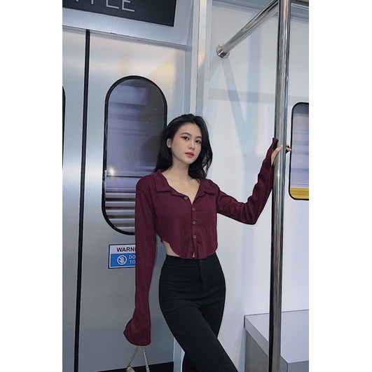 POLO CROPTOP▪Áo polo phối nút tay dài