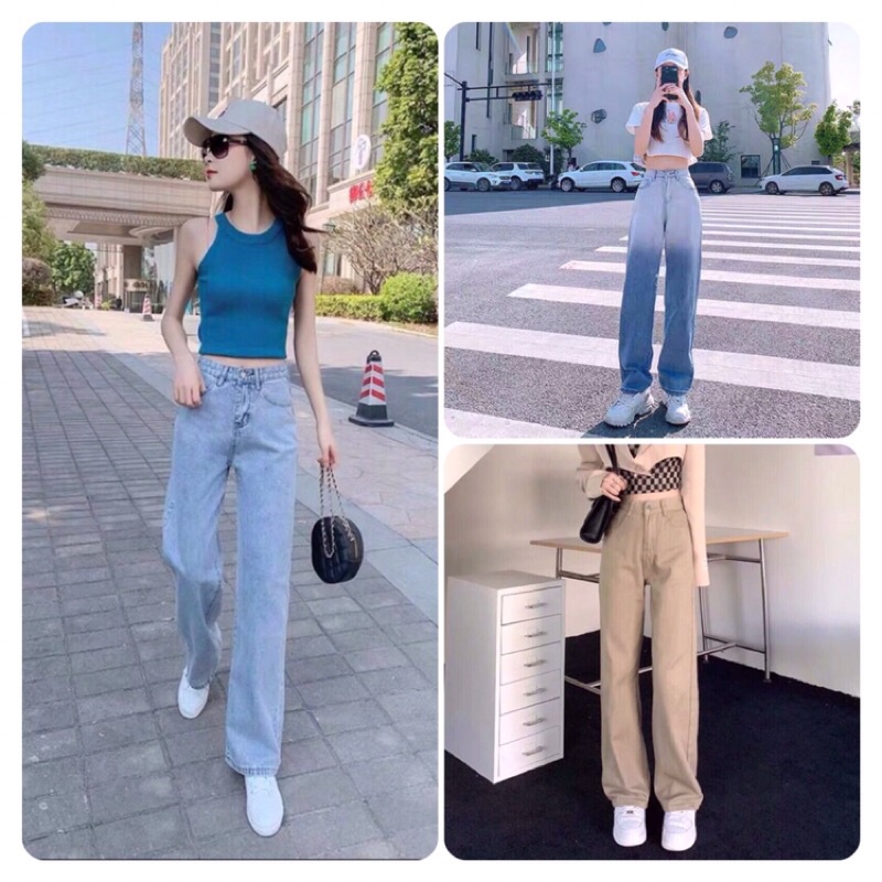 Quần jean bò kaki ống rộng suông nữ jeans cạp cao phong cách Hàn Quốc 3 size S M L