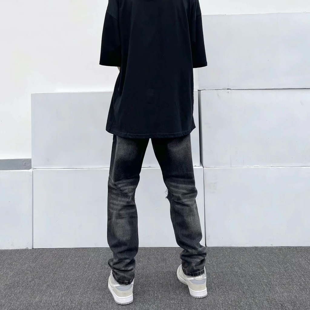 Quần Jean Ống Rộng Màu Đen Phối Rách Phong Cách Hip Hop Đường Phố Mỹ Thời Trang Mùa Hè Cho Nam Size S-3Xl | BigBuy360 - bigbuy360.vn