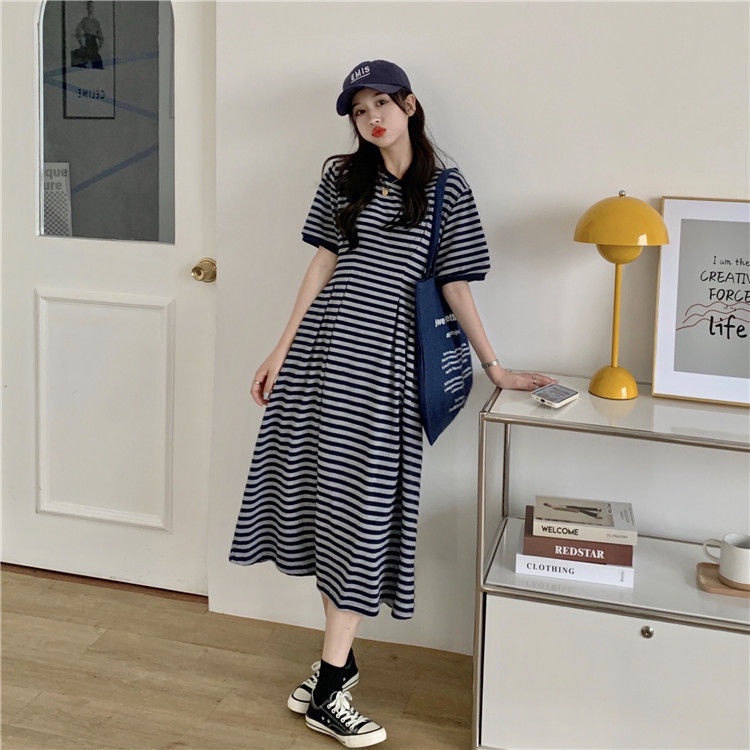 Đầm thun nữ kẻ sọc basic form rộng thời trang