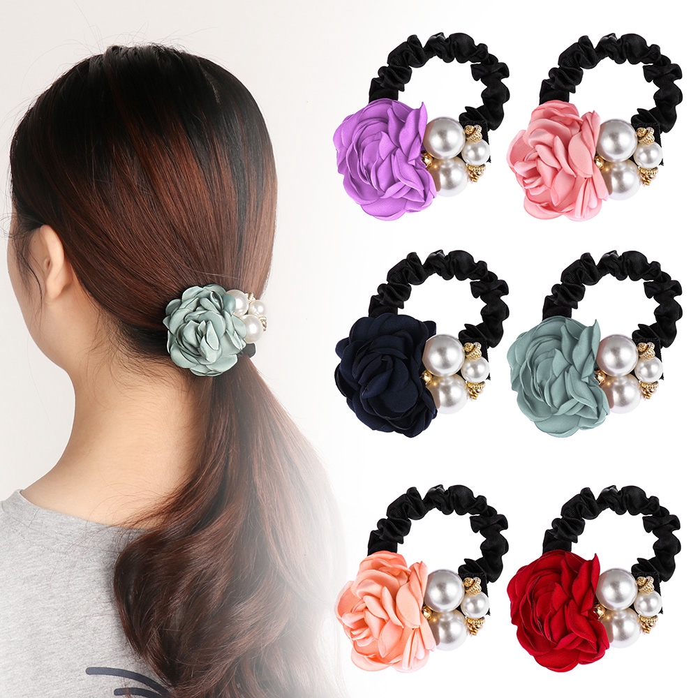 Dây cột tóc hoa hồng đính ngọc trai giả thời trang xinh xắn cho nữ