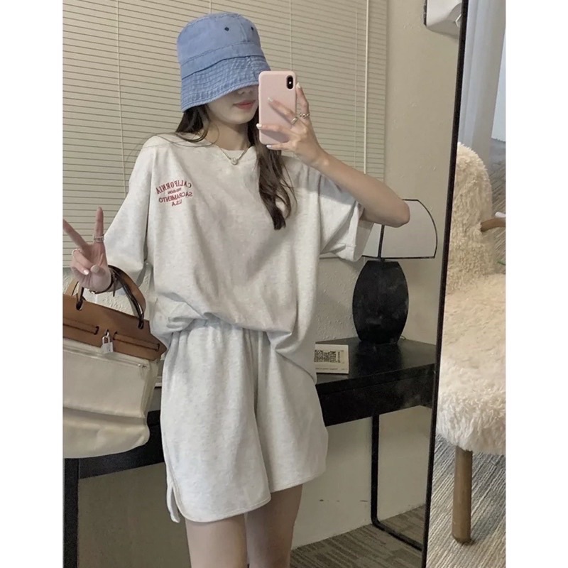Set Bộ Đồ Chất Tổ Ong Thêu USA Nữ Bộ đồ quần short kèm áo thun from rộng tay lỡ hàn quốc Ulzzang