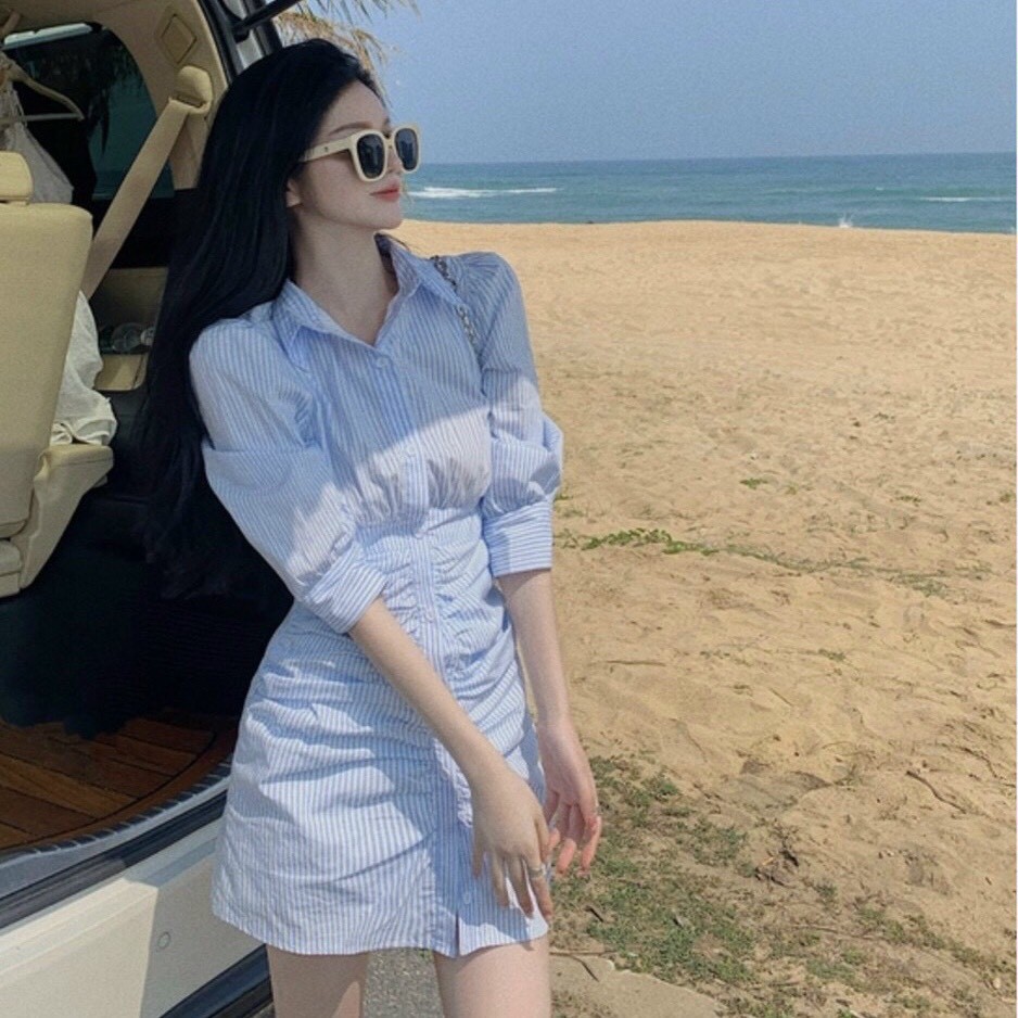 ĐẦM SƠ MI SỌC XANH TAY LỠ 🦋FREESHIP🦋 Váy Sơ Mi Kẻ Sọc Linh Trần Store