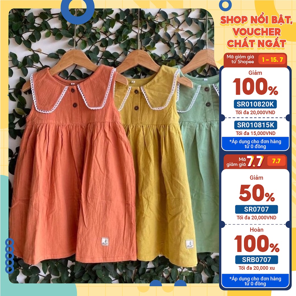 Đầm trẻ em cổ phối ren, chất liệu cotton cho bé gái 9-36kg