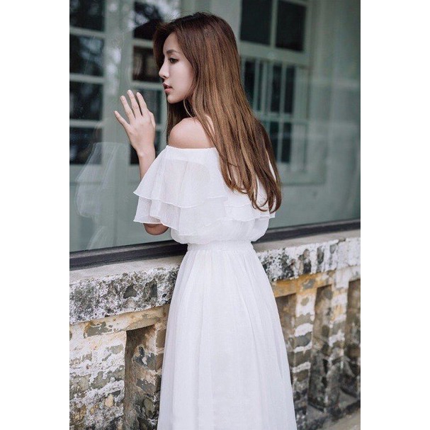Đầm Maxi Bèo 2 Tầng Trắng Trễ Vai Kết Hợp Đi Tiệc, Đi Biển, Chụp Hình Cưới Cực Yêu (Kèm Ảnh Thật) | BigBuy360 - bigbuy360.vn
