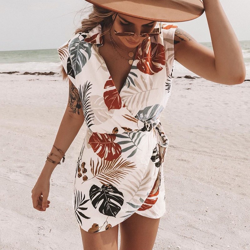 Women Summer Dress Floral Leaves Print Party Clubwear Lace-up Mini Dresses Beach Sundress S