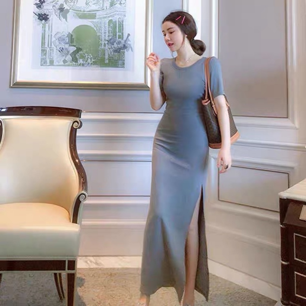 Đầm body tay ngắn / váy dáng dài xẻ quyến rũ [Ảnh thật kèm video]