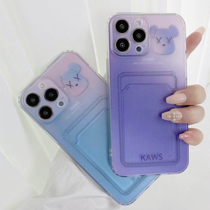 Ốp Điện Thoại Màu Tím Họa Tiết Chú Gấu Thời Trang Chống Sốc Kèm Ngăn Đựng Thẻ Cho iPhone 14 / 13 / 12 / 11 / X / 8 / 7P