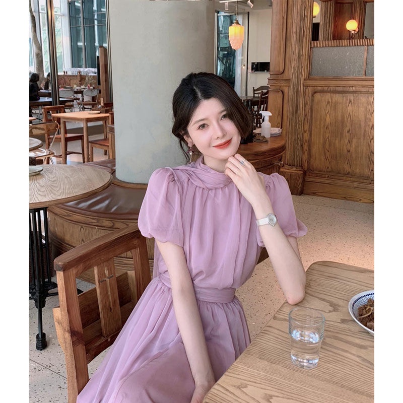 2022 Bộ Áo Voan Ngắn Tay Màu Tím + Chân Váy Phong Cách Retro Thanh Lịch Dành Cho Nữ