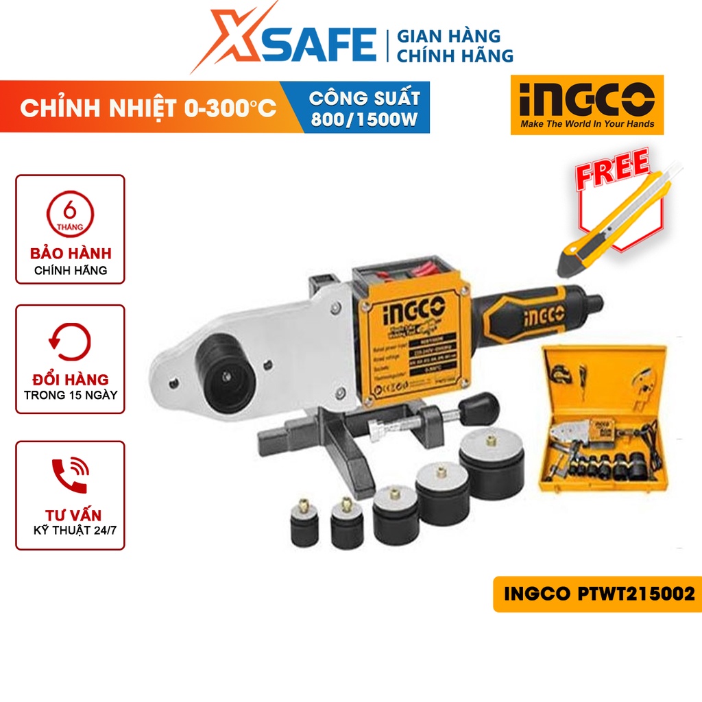 Máy hàn ống nhựa INGCO PTWT215002 1500W, nhiệt đồ từ 0-300 độ, kèm 1 thước dây, khóa vặn, tua vít, kềm cắt