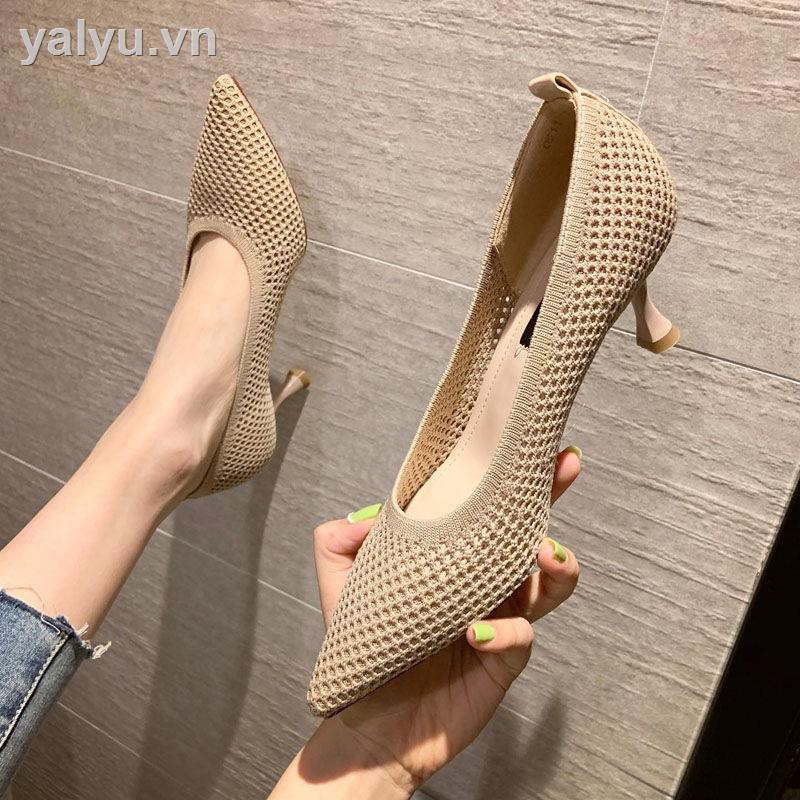 ☼Women s shoes Korean style pointed high heels shallow mouth stiletto sexy single shoes female flying woven mesh breathable 2021ins fashion women s shoes