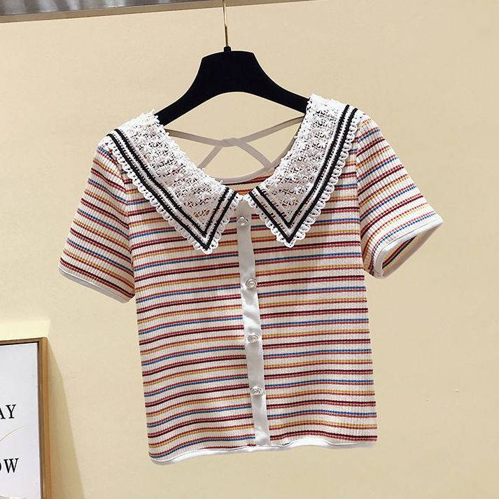 Black and white striped short-sleeved t-shirt women's lace doll collar slim slim cropped top