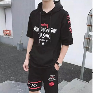 Bộ quần áo thun nam tay lỡ in chữ có mũ thể thao